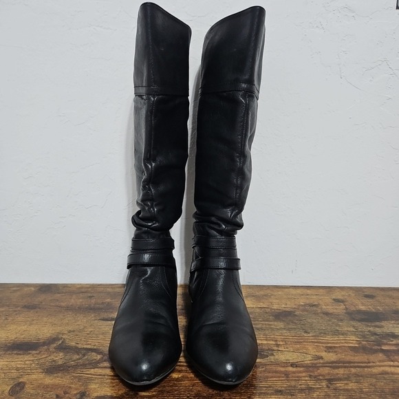 Steve Madden Shoes - Womens Steve Madden Black Leather Knee High Boots Slouchy Buckle Sz 8 Goth